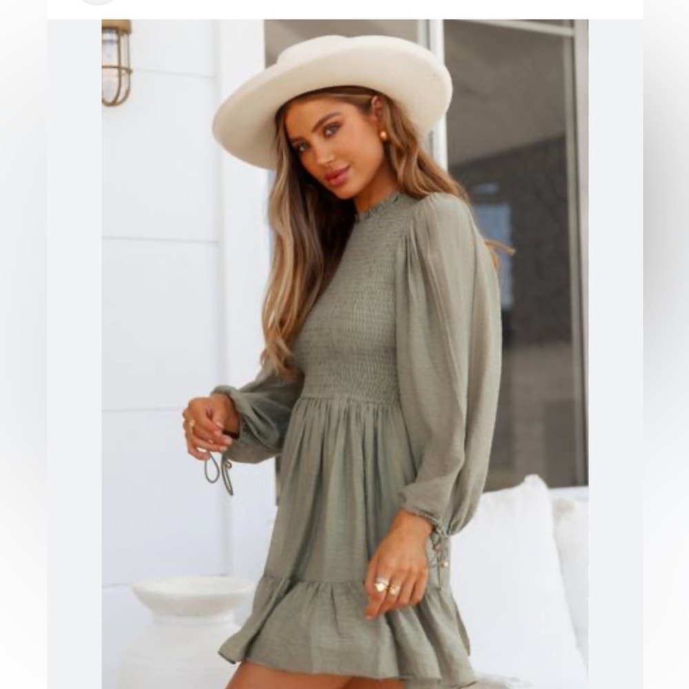 Green smocked rayon linen dress